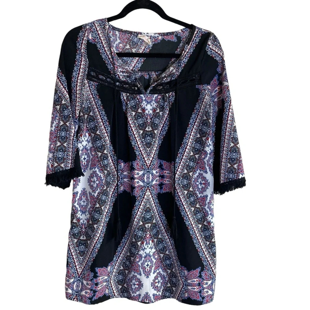 Design Recipe 3/4 Sleeve Fringe Trim Tie Neck Dress Black Blue Red Women’s Small
